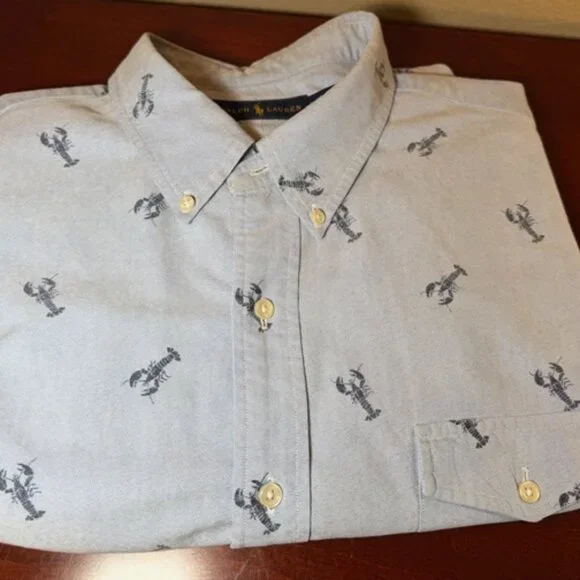 โญ Ralph Lauren XXL Button Down Shirt Blue Lobster Print Short Sleeve Cotton - Picture 15 of 16